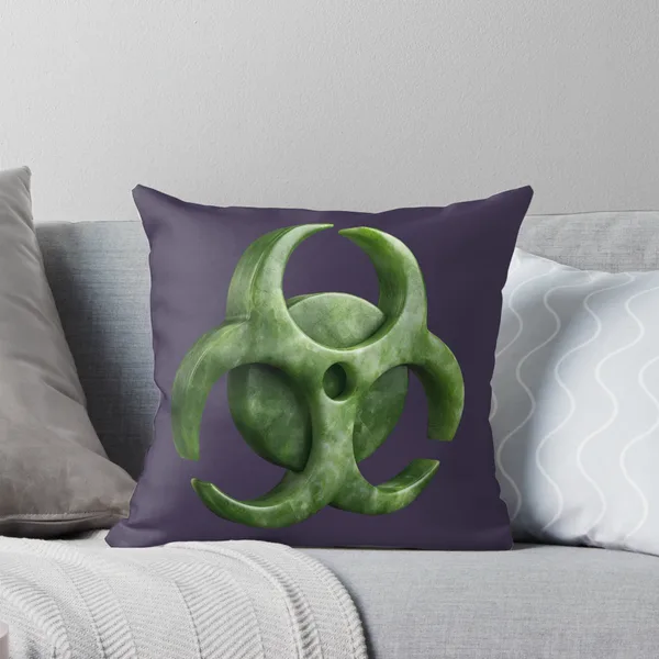 Biohazard Symbol Carved Jade Green on Violet: Throw Pillow
