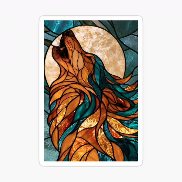Wolf Moon Howling in Burnt Orange Leaded Glass: Sticker
