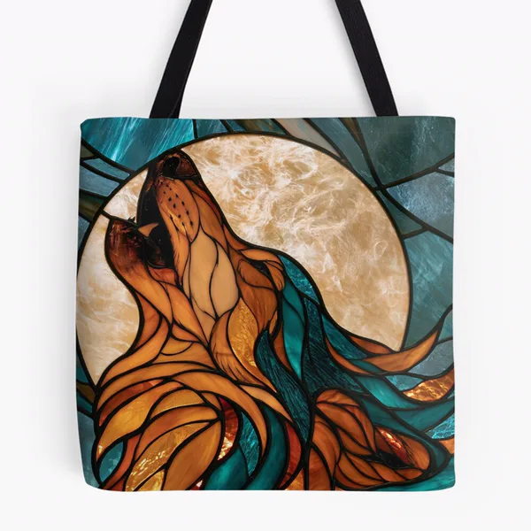 Wolf Moon Howling in Burnt Orange Leaded Glass: All Over Print Tote Bag