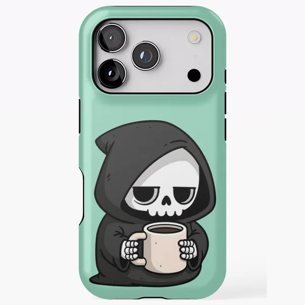 Grim Reaper Coffee Cute Sleepy Skeleton on Mint: iPhone Tough Case