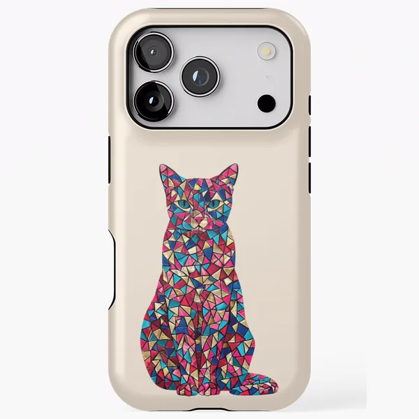 Mosaic Cat Sitting in Red Blue and Gold Tiles: iPhone Tough Case