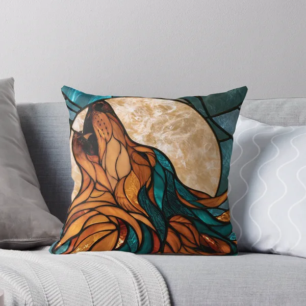 Wolf Moon Howling in Burnt Orange Leaded Glass: Throw Pillow