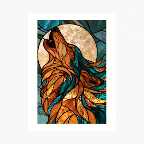 Wolf Moon Howling in Burnt Orange Leaded Glass: Art Print