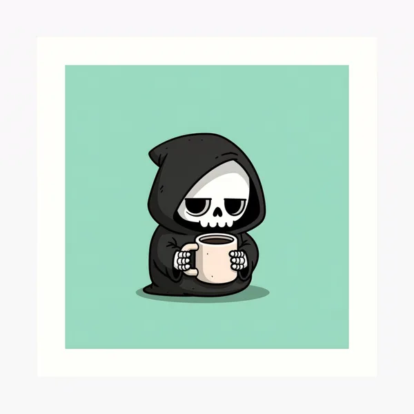 Grim Reaper Coffee Cute Sleepy Skeleton on Mint: Art Print