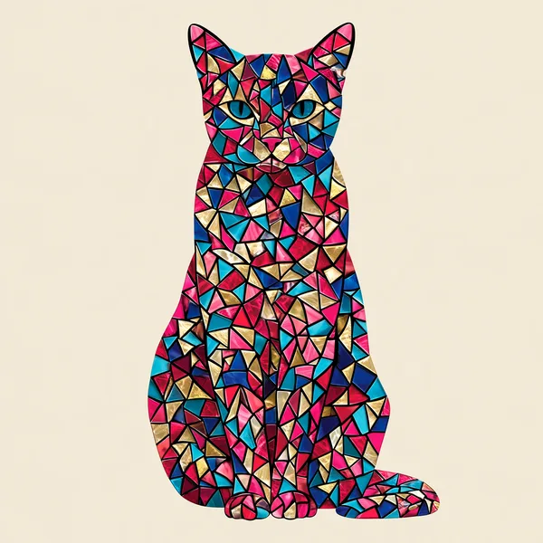 Mosaic Cat Sitting in Red Blue and Gold Tiles: The design