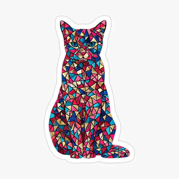 Mosaic Cat Sitting in Red Blue and Gold Tiles: Sticker